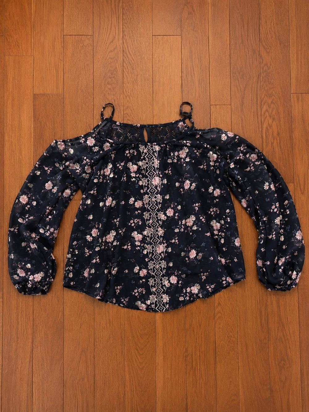 Rewind Floral Peasant Blouse Womens XL Black Pink Boho Off Shoulder Sheer